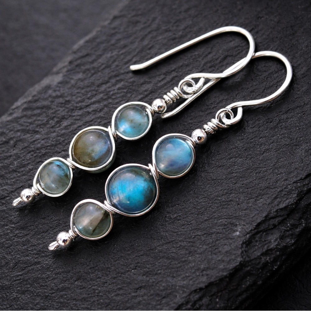 Artisan crafted, labradorite wire wrapped earrings in solid sterling silver